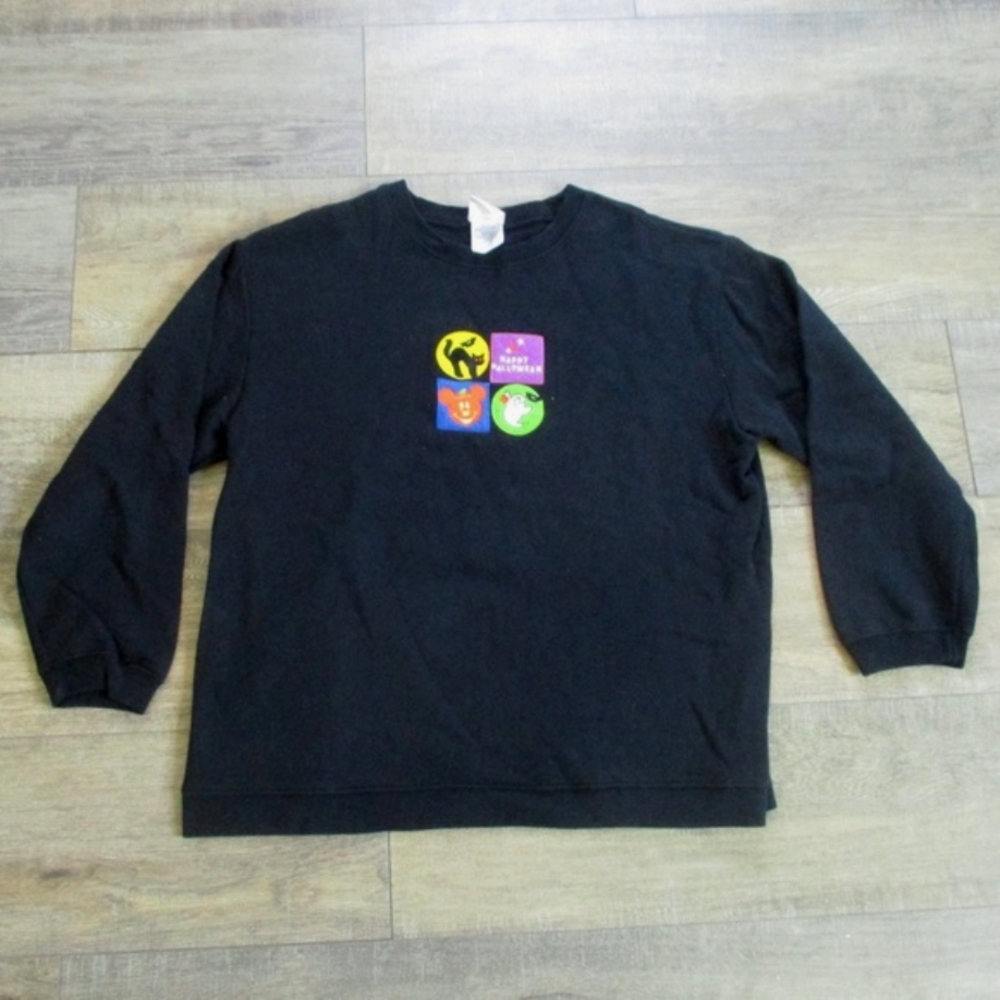 Disney Halloween Sweater Women Large Black Crew Neck Fleece Pullover Embroidered